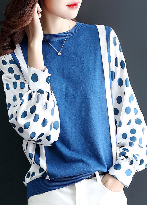 Unique Blue O-Neck Oversized Patchwork Chiffon Knit Top Spring