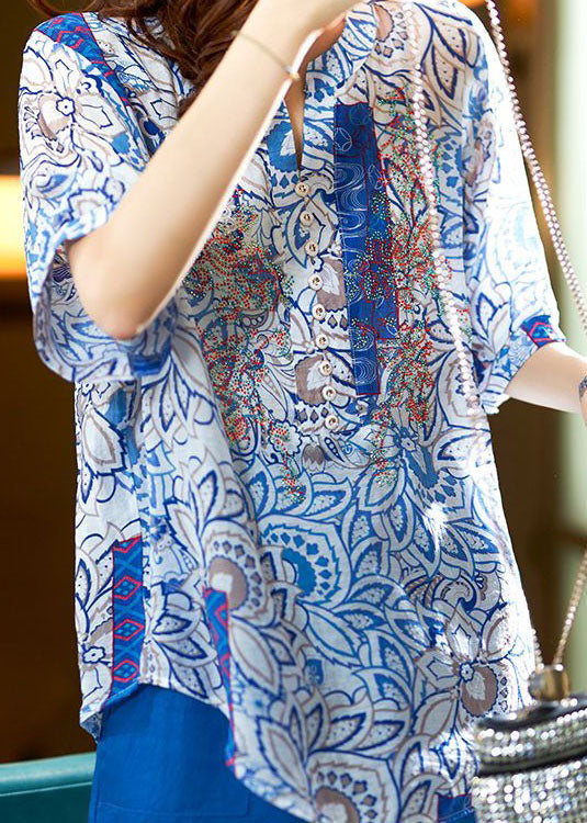 Unique Blue O Neck Print Patchwork Chiffon Shirts Summer