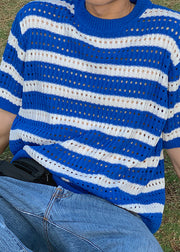 Unique Blue O Neck Striped Hollow Out Knit Men Shirts Summer