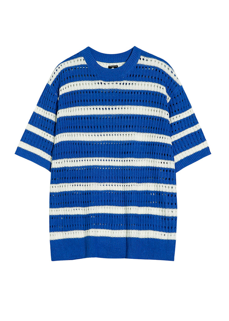 Unique Blue O Neck Striped Hollow Out Knit Men Shirts Summer