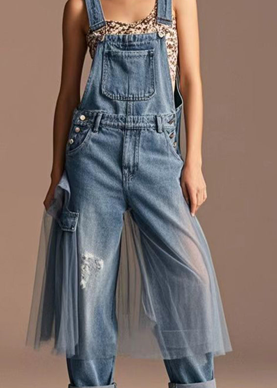 Unique Blue Oversized Tulle Patchwork Denim Ripped Jumpsuits Spring