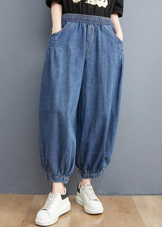 Unique Blue Patchwork Elastic Waist Denim Lantern Pants