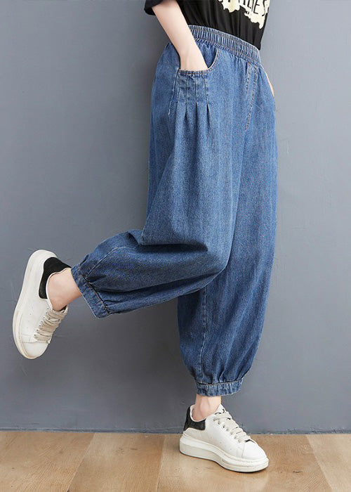 Unique Blue Patchwork Elastic Waist Denim Lantern Pants