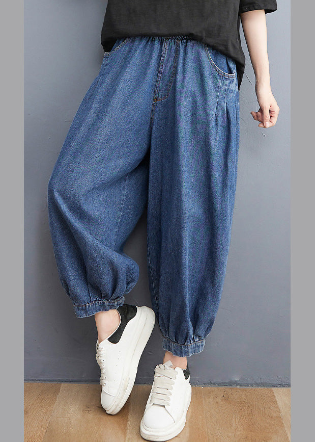 Unique Blue Patchwork Elastic Waist Denim Lantern Pants