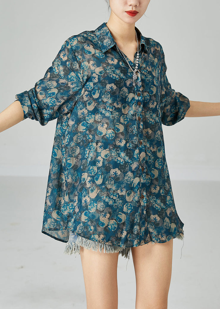 Unique Blue Peter Pan Collar Oversized Print Cotton Shirts Spring