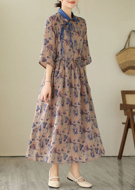 Unique Blue Peter Pan Collar Print Drawstring Button Linen Long Dresses Short Sleeve