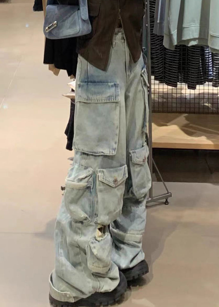 Unique Blue Pockets Patchwork Denim Pants Fall