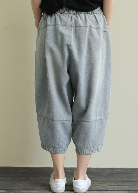 Unique Blue Pockets Patchwork Drawstring Denim Crop Pants Summer