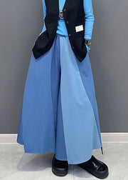 Unique Blue Pockets Patchwork Elastic Waist Wide Leg Pants Skirt Fall