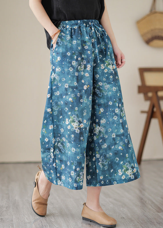 Unique Blue Print Elastic Waist Wide Leg Pants Summer