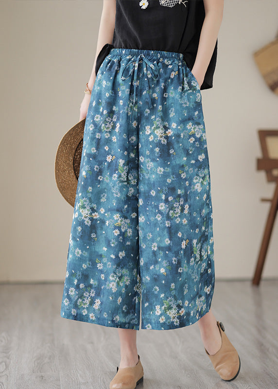 Unique Blue Print Elastic Waist Wide Leg Pants Summer