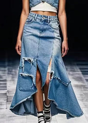 Unique Blue Side Open Low High Design Denim Skirt Summer