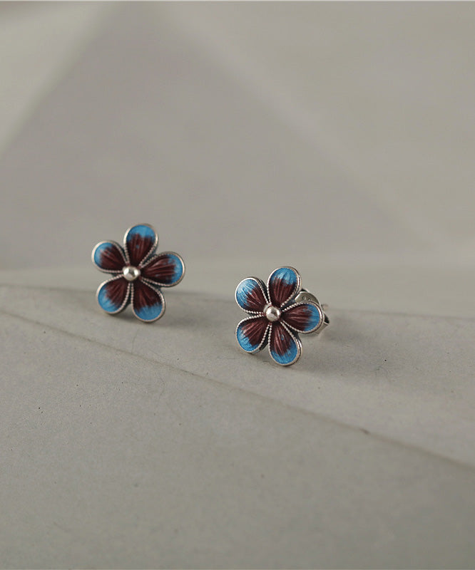 Unique Blue Silver Cloisonne Floral Stud Earrings