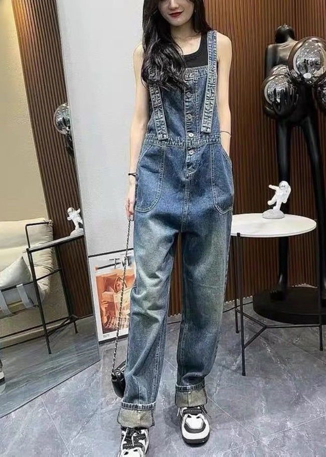 Unique Blue Slash Neck Patchwork Denim Straight Jumpsuit Summer