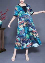 Unique Blue Square Collar Patchwork Tie Dye Silk Robe Dresses Summer