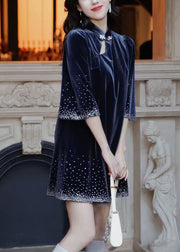 Unique Blue Stand Collar Dot Print Silk Velour Mid Dresses Half Sleeve