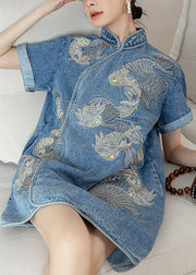 Unique Blue Stand Collar Embroideried Floral Side Open Button Cotton Denim Mid Dress Short Sleeve