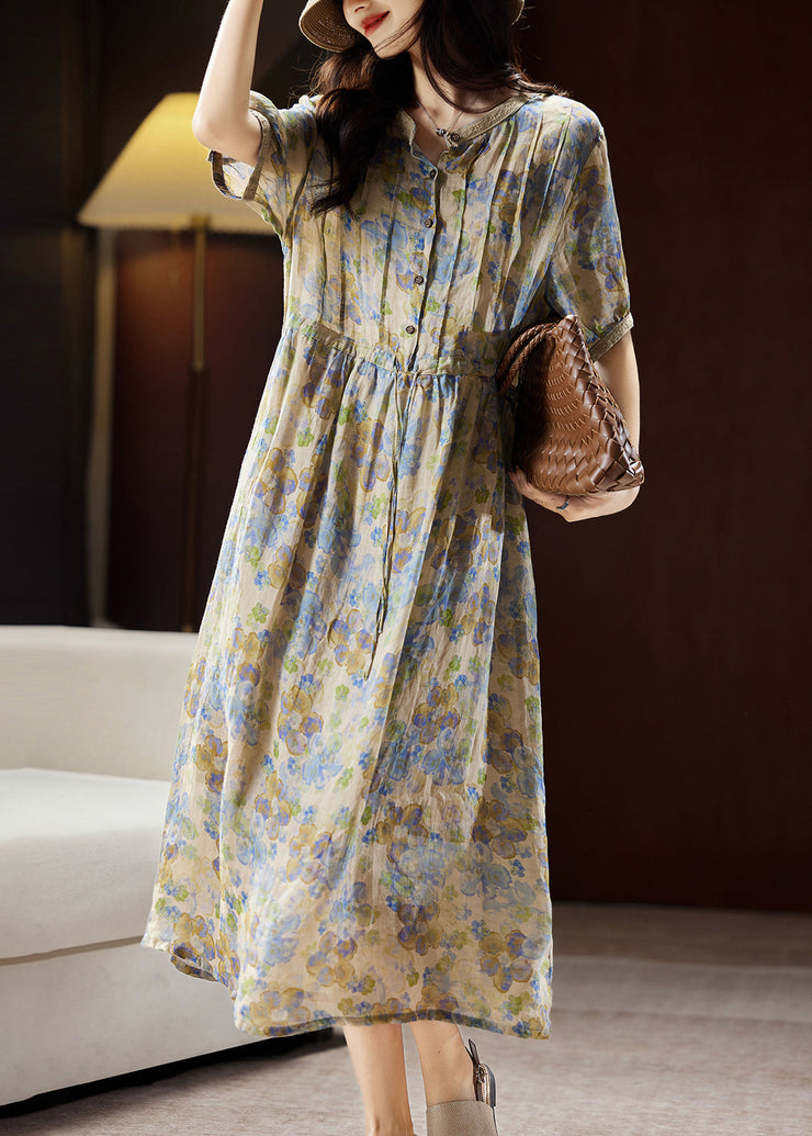 Unique Blue Stand Collar Print Button Linen Maxi Dresses Summer