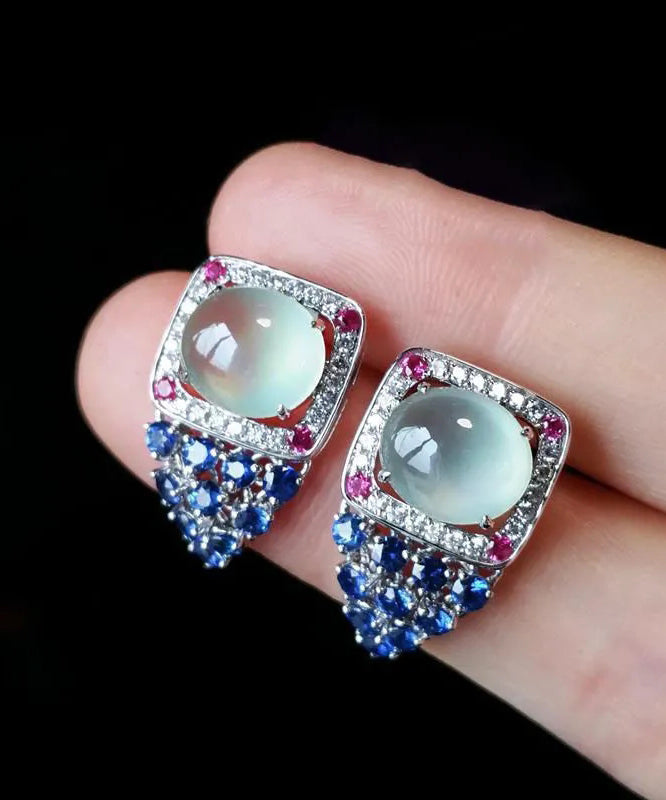 Unique Blue Sterling Silver Inlaid Zircon Gem Stone Stud Earrings