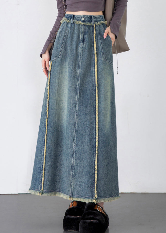 Unique Blue Tasseled Pockets Patchwork Denim Skirts Spring