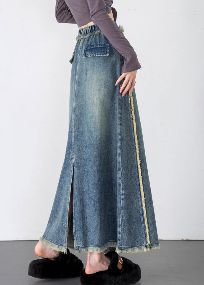 Unique Blue Tasseled Pockets Patchwork Denim Skirts Spring