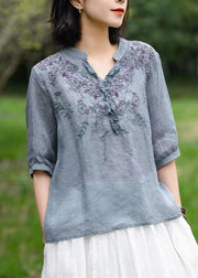 Unique Mulberry V Neck Embroidered Patchwork Linen T Shirts Half Sleeve