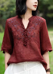 Unique Brown floral V Neck Embroidered  Linen T Shirts Half Sleeve