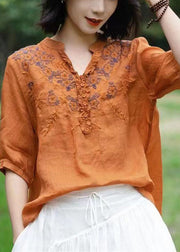 Unique Brown floral V Neck Embroidered  Linen T Shirts Half Sleeve