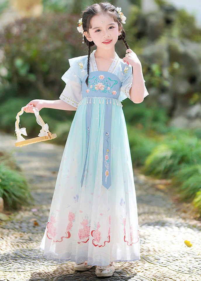 Unique Blue V Neck Embroideried Tassel Kids Girls Maxi Dresses Short Sleeve