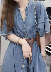 Unique Blue V Neck Patchwork Sashes Button Denim Long Dress Short Sleeve