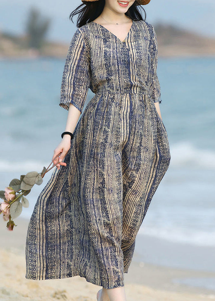 Unique Blue V Neck Print Pockets Cotton Long Dresses Summer