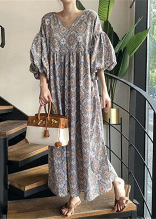 Unique Blue V Neck Print Wrinkled Cotton Dress Lantern Sleeve