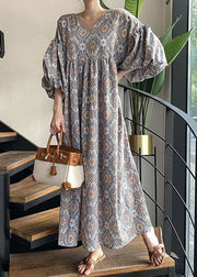 Unique Blue V Neck Print Wrinkled Cotton Dress Lantern Sleeve