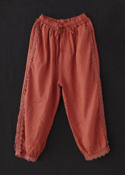 Unique Brick Red Lace Patchwork Linen Crop Pants Summer