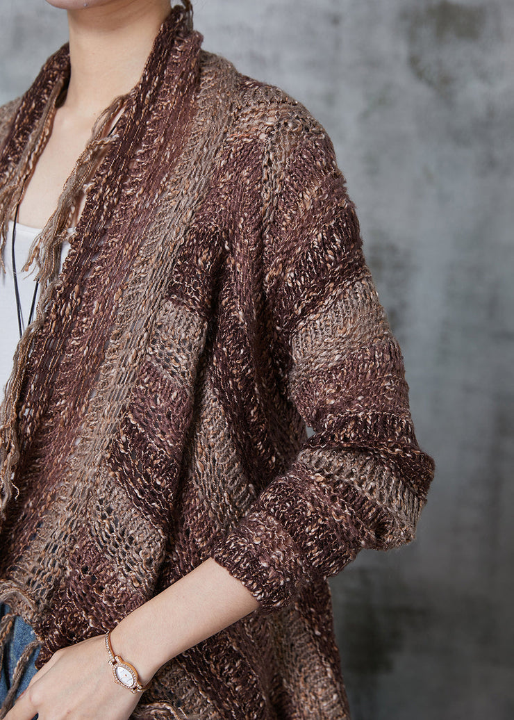 Unique Brown Asymmetrical Design Tasseled Knit Cardigan Spring