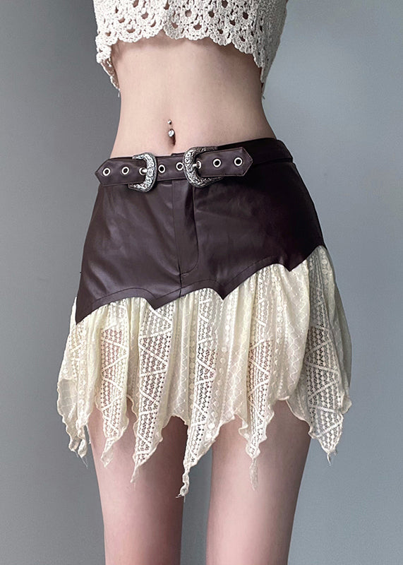 Unique Brown Asymmetrical High Waist Design Patchwork Faux Leather Skirts Fall