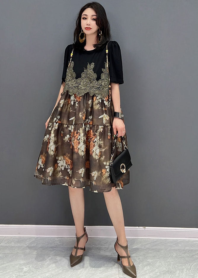 Unique Brown O-Neck Embroideried Patchwork Print Mid Dress Short Sleeve