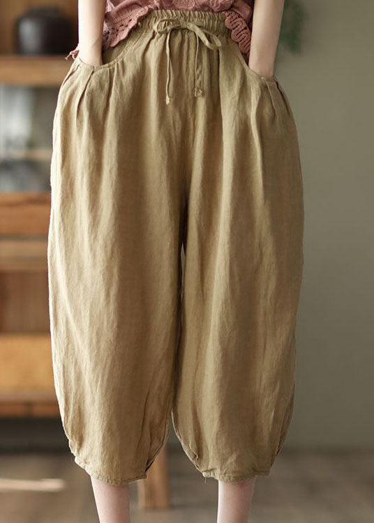 Unique Brown Pockets Patchwork Linen Crop Pants Summer