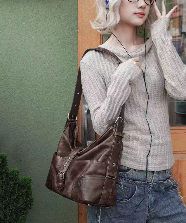 Unique Brown Versatile Calf Leather Satchel Handbag