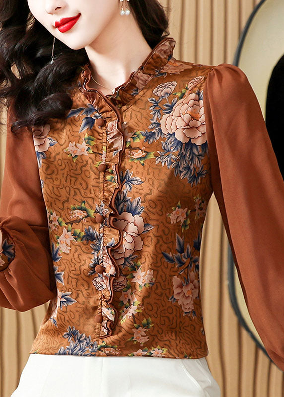 Unique Chocolate Ruffled Patchwork Print Silk Blouses Spring