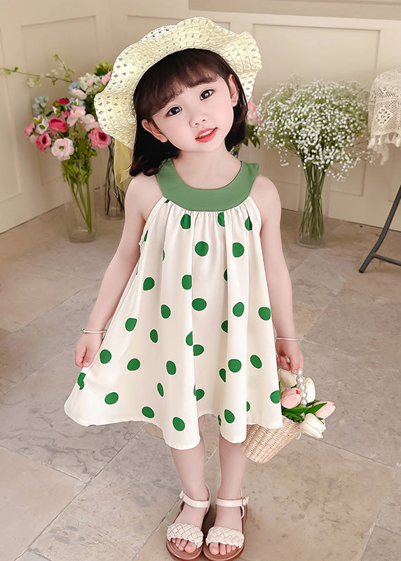 Unique Coffee O-Neck Dot Print Wrinkled Kids Chiffon Strap Dress Summer