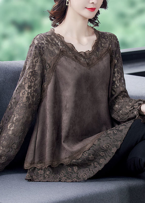 Unique Chocolate Oversized Lace Patchwork Faux Suede Top Spring