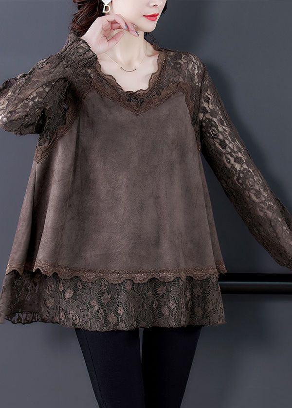 Unique Chocolate Oversized Lace Patchwork Faux Suede Top Spring