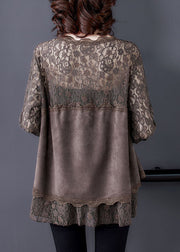 Unique Chocolate Oversized Lace Patchwork Faux Suede Top Spring