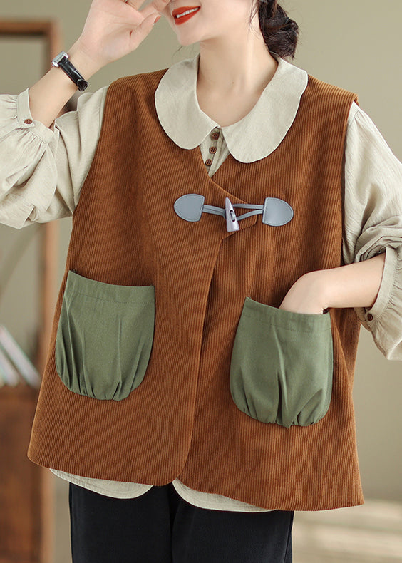 Unique Coffee V Neck Horn Button Corduroy Vest Sleeveless