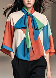 Unique Colorblock Bow Patchwork Chiffon Top Fall