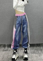 Unique Colorblock Pockets Striped Elastic Waist Denim Beam Pants Fall