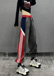 Unique Colorblock Pockets Striped Patchwork Denim Trousers Fall