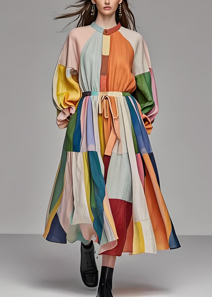 Unique Colorblock Stand Collar Drawstring Cotton Maxi Dress Long Sleeve