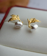 Unique Colorblock Sterling Silver Overgild Leaf Stud Earrings